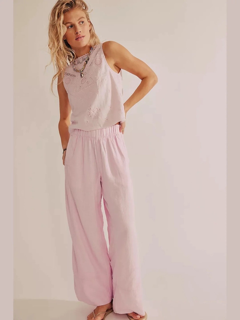 Free People Wide-Leg Linen-Blend Pants in Light Pink